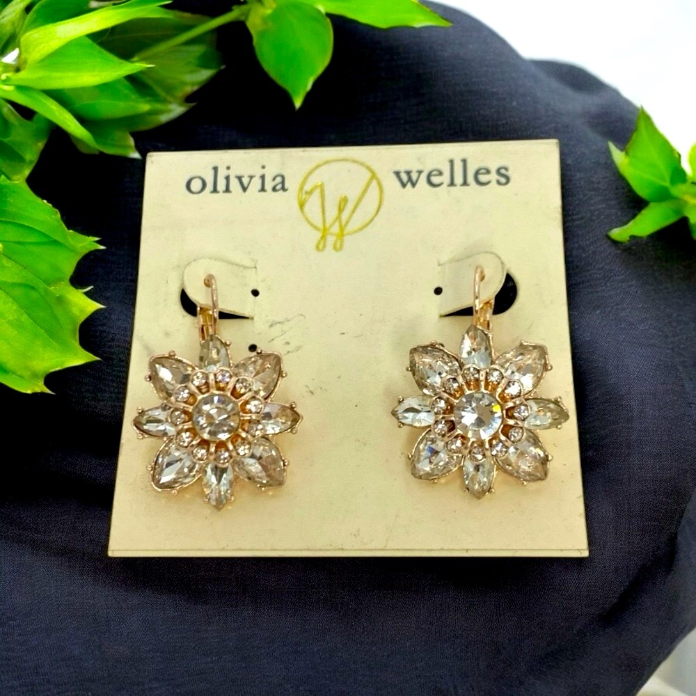 Olivia Welles Gold With Clear Rhinestone Flower Dangle Earrings - Picture 5 of 5